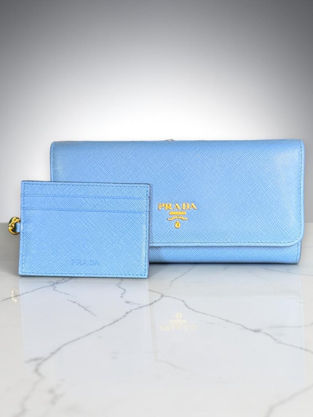 Prada Azzurro Blue Saffiano Leather Wallet with Extractable Badge Holder and COA